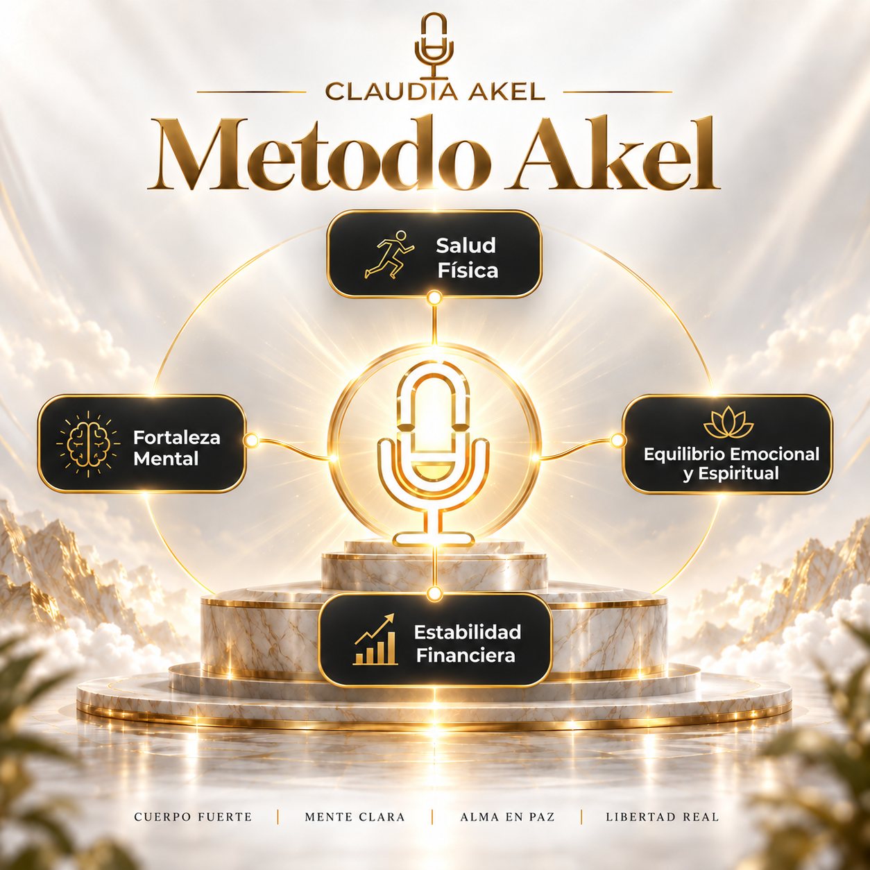Método Akel: los cuatro pilares, salud física, fortaleza mental, equilibrio emocional y espiritual, y estabilidad financiera, alrededor del micrófono de Claudia Akel. Cuerpo fuerte, mente clara, alma en paz, libertad real.